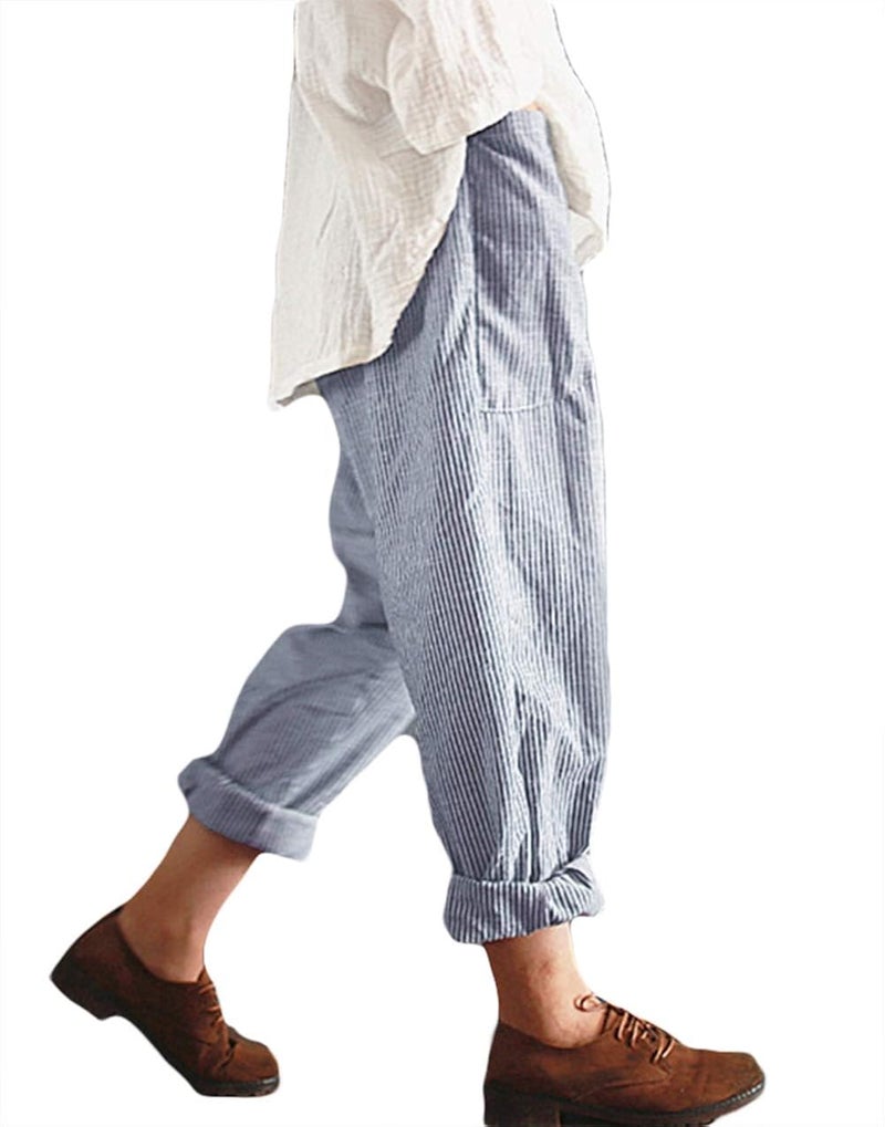 woobles Womens Striped Linen Pants Elastic Waist Cropped Trousers Capri - Image 2